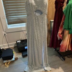Xscape Silver Asymmetrical Ruched Gown
